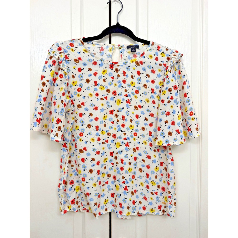 Ann Taylor Factory Petite MP White Multicolor Floral Flutter Sleeve Rayon Blouse